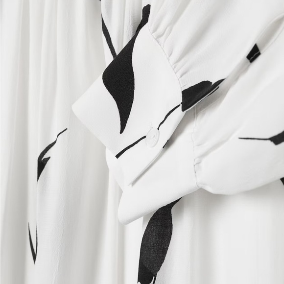 H&M Long Sleeve Peasant White Black Patterned Midi Dress Size 4 - Picture 3 of 10